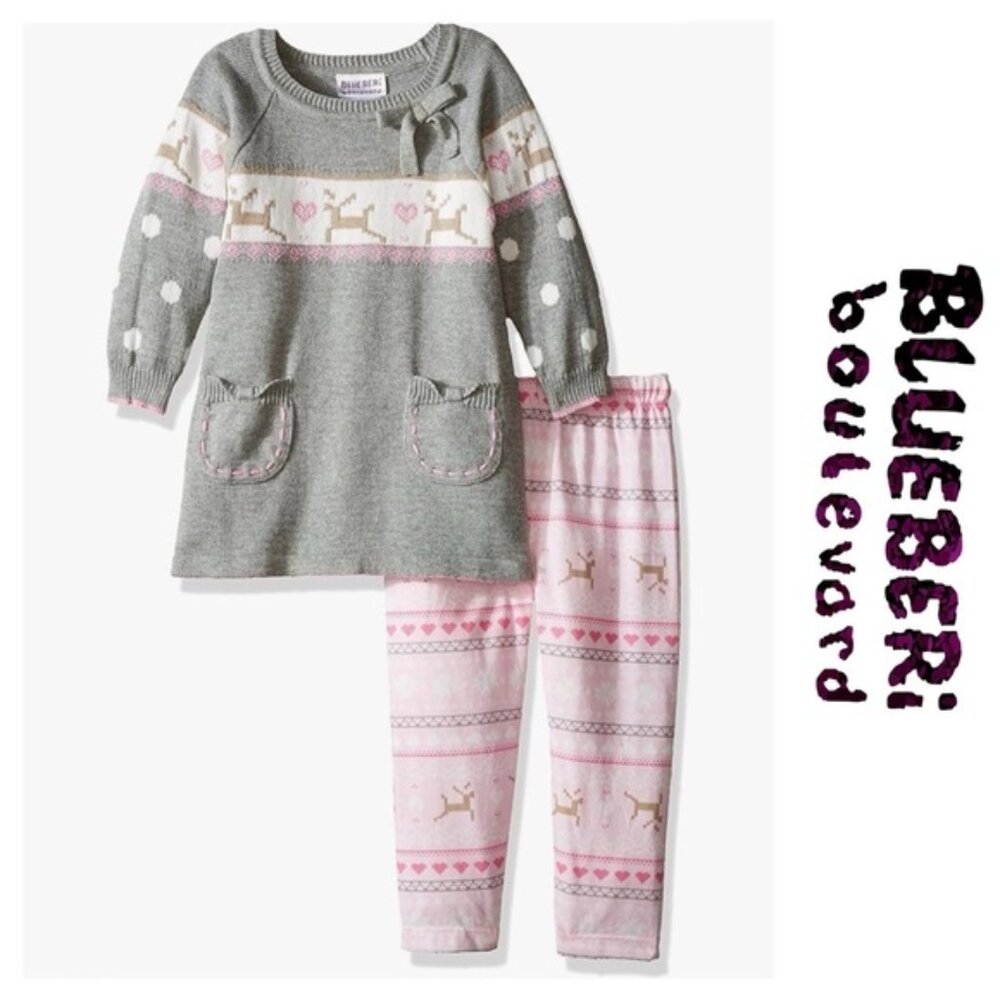 Blueberi Boulevard | 2 Piece Reindeer Sweater & Printed Leggings | Size 12 Month